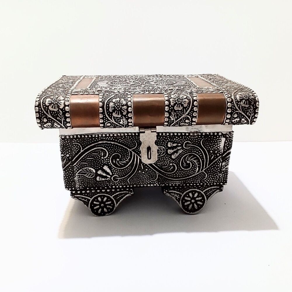 Vintage Indian Style Embossed Metal Jewelry Casket Peacock Floral Velvet Lined